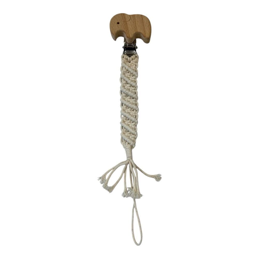 Baby Beige Macrame Braided Crochet Wooden Elephant Pacifier Clip